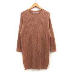 レイカズン Ray cassin フェバリ FAVORI ニット ワンピース チュニック Iライン ミニ ケーブル編み 柄編み 切替リブ 長袖 Vネック F ライトブラウン 茶 /HT5