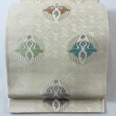 【美品】 袋帯 逸品 松菱に鶴の丸文様 唐織 銀糸 クリーム 六通 正絹 【中古】