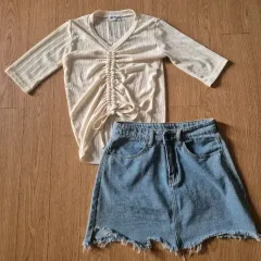 アイボリーシャーリングTシャツ+インディゴミニスカート S セット