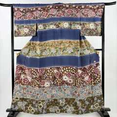 訪問着 身丈159.5cm 裄丈64cm M 袷 落款 辻が花柄 段縞 絞り ぼかし 青灰色 正絹 名品 【中古】