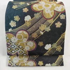 【美品】 袋帯 秀品 振袖向き 梅 菊 箔 金糸 青灰色 六通 正絹 【中古】
