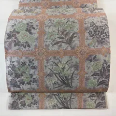 【美品】 袋帯 秀品 落款 萬葉 格天井 菖蒲 灰紫 全通 正絹 【中古】