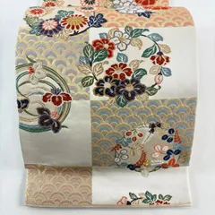 【美品】 袋帯 秀品 関西仕立て 市松取花の丸文 唐織 箔 クリーム 六通 正絹 【中古】