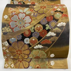 【美品】 袋帯 秀品 振袖向き 草花 有職文様 金銀糸 箔 金色 六通 正絹 【中古】