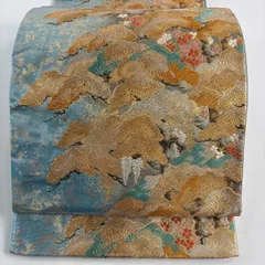 袋帯 秀品 笠松 桜 金糸 箔 水色 六通 正絹 【中古】