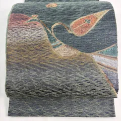 【美品】 袋帯 秀品 鳥 箔 金糸 灰緑 お太鼓柄 正絹 【中古】