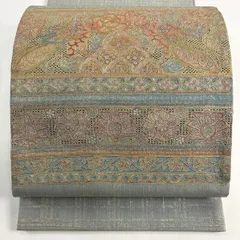【美品】 袋帯 秀品 関西仕立て 鳥 草花 刺繍 金銀彩 青灰色 お太鼓柄 正絹 【中古】