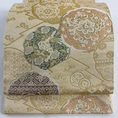 【美品】 袋帯 秀品 鏡裏花重文 花鳥 金銀糸 箔 金色 六通 正絹 【中古】