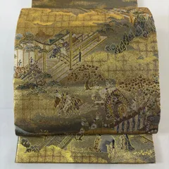 【美品】 丸帯 名品 人物 建物 金糸 箔 金色 お太鼓柄 正絹 【中古】