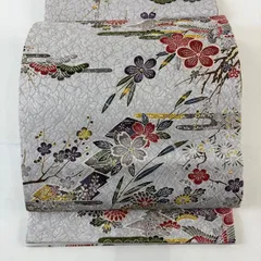 袋帯 名品 松梅 花鳥 銀糸 灰色 六通 正絹 【中古】