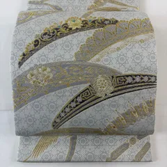 【美品】 袋帯 名品 花唐草 幾何学 金銀糸 箔 灰色 六通 正絹 【中古】