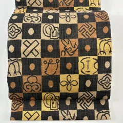 【美品】 袋帯 名品 落款 市松 幾何学 銀糸 墨色 全通 正絹 【中古】