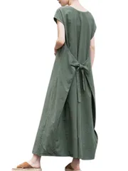 [レンロック] 夏ワンピース レディース ラウンドネック リボン ロングワンピース リゾートワンピ カジュアル 大人ナチュラル 無地 春 秋 体型カバー ゆったり 着痩せ (JP, アルファベット, M, オリーブグリーン) [オリーブグリーン] [M]