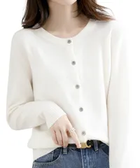 [レンロック] レディース ニットカーディガン ショート丈 クルーネック セーター 長袖 無地 ラウンドネック春 秋 冬 トップス 柔らかい 丸首 (JP, アルファベット, M, ホワイト) [ホワイト] [M]