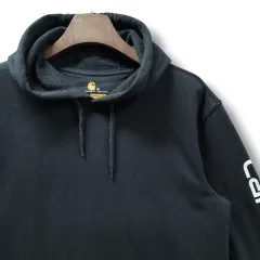M Carhartt カーハート ブラック ミッドウェイト ロゴ 起毛 フード付きTシャツ