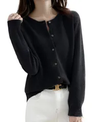 [レンロック] レディース ニットカーディガン ショート丈 カーディガン クルーネック セーター ニット 長袖 無地 ラウンドネック春 秋 冬 トップス 柔らかい 丸首 (JP, アルファベット, L, ブラック) [ブラック] [L]