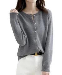 [レンロック] レディース ニットカーディガン ショート丈 カーディガン クルーネック セーター ニット 長袖 無地 ラウンドネック春 秋 冬 トップス 柔らかい 丸首 (JP, アルファベット, XL, グレー) [グレー] [XL]