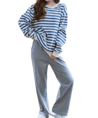 [レンロック] くつろぐ ルームウェア 上下セット 長袖 長ズボン レディース パジャマ 秋 春 丸首 綿100% ポケット付き (L, ライトブルー) [ライトブルー] [L]