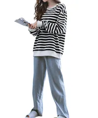 [レンロック] くつろぐ ルームウェア 上下セット 長袖 長ズボン レディース パジャマ 秋 春 丸首 綿100% ポケット付き (L, ブラック) [ブラック] [L]