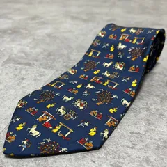 【Salvatore Ferragamo】アニマル柄ネクタイ　馬と人　馬車　参拝する人　ネイビー
