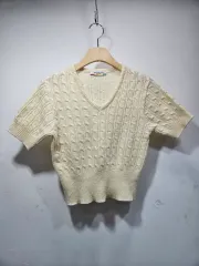 黄色 緑 半袖 Vネック ケーブル編み 半袖 ニット