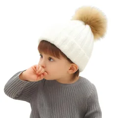 [Capprecier] 子供用 ニット帽 ポンポン付き ビーニー 帽子 キッズ 冬用 防寒 あったか かわいい 女の子 男の子 ウール混 厚手 折り返し リブ編み プレゼント 5色展開 (JP, 年齢, 4 Years, ホ [ホワイト] [4 Years]