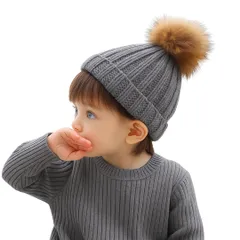 [Capprecier] 子供用 ニット帽 ポンポン付き ビーニー 帽子 キッズ 冬用 防寒 あったか かわいい 女の子 男の子 ウール混 厚手 折り返し リブ編み プレゼント 5色展開 (JP, 年齢, 4 Years, グレ [グレー] [4 Years]