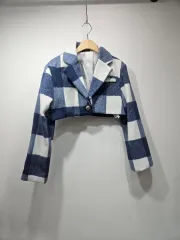 ネイビー/白 チェックパターン クロップド ジャケット Free