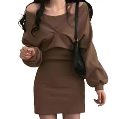 [レグエイト] ニットワンピ インナー セットアップ 肩だし 韓国 カシュクール 長袖 ミニワンピ ショート丈 トップス ドレス キャミソール 上品 きれいめ Uネック 春 秋 冬 (JP, アルファベット, M, ブラウン) [ブラウン] [M]