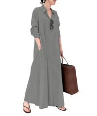 [Elixio] [エリクシオ] レディース ワンピース ロングワンピース マキシワンピース シャツワンピース ゆったり 大きいサイズ 体型カバー 長袖 開襟 薄手 カジュアル 旅行 春 秋 (JP, アルファベット, 2XL,  [ライトグレー] [2XL]