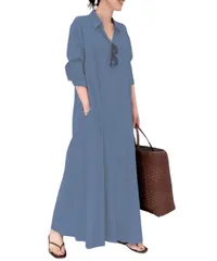 [Elixio] [エリクシオ] レディース ワンピース ロングワンピース マキシワンピース シャツワンピース ゆったり 大きいサイズ 体型カバー 長袖 開襟 薄手 カジュアル 旅行 春 秋 (JP, アルファベット, M, ロイヤ [ロイヤルブルー] [M]