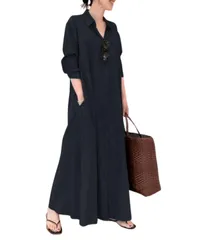 [Elixio] [エリクシオ] レディース ワンピース ロングワンピース マキシワンピース シャツワンピース ゆったり 大きいサイズ 体型カバー 長袖 開襟 薄手 カジュアル 旅行 春 秋 (JP, アルファベット, 2XL, [ネイビーブルー] [2XL]