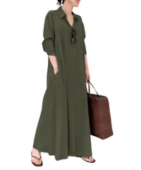 [Elixio] [エリクシオ] レディース ワンピース ロングワンピース マキシワンピース シャツワンピース ゆったり 大きいサイズ 体型カバー 長袖 開襟 薄手 カジュアル 旅行 春 秋 (JP, アルファベット, XL,  [アーミーグリーン] [XL]