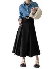 [ハベリィ] Aライン フレア スカート ロング丈 プリーツ 上品 キレイメ オフィス レディース ハイウエスト 体型カバー 着痩せ ミモレ丈 カジュアル 無地 秋 春 夏 ボックス タック 通勤 フォーマル 高見え ミディ丈 ウエストマ [ブラック] [L]