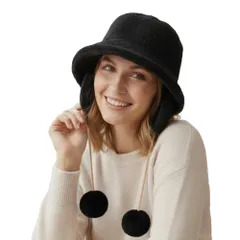 [ReiLuana] バケット ハット レディース ファー 耳当て ふわもこ あったか 防寒 帽子 冬 ボア 暖かい ポンポン (JP, アルファベット, Free Size, ブラック) [ブラック] [Free Size]