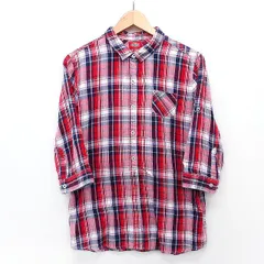 ディッキーズ Dickies カジュアル シャツ チュニック チェック 柄 ラメ混 七分袖 丸首 コットン 綿 レッド 赤 /HT18