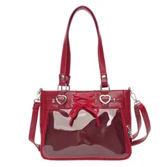 [ハルジオ] 痛バッグ 可愛い トート 痛バ ショルダー 推し活バッグ トートバッグ ショルダーバッグ 2WAY ハート 編み上げ 痛バック 高級 いたばっく いたば ミニ 小さめ 推し活 グッズ シート ぬいぐるみ 鞄 リボン 黒 白 銀色 人気 [レッド]