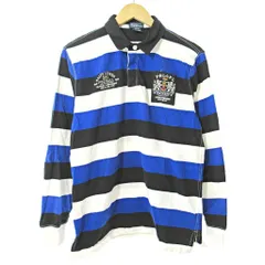 ポロ バイ ラルフローレン Polo by Ralph Lauren 90s ラガーシャツ ポロシャツ カットソー 長袖 ボーダー エンブレム 刺繍 XL(18-20) 黒 青 白 0807 IBO73 ☆AA★