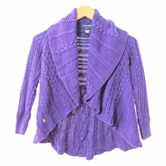 ラルフローレン RALPH LAUREN キッズ ケーブル コットン ニット カーディガン 長袖 前開き ボタンレス ショールカラー ロゴ刺繍 M(8/10) 紫 0808 IBO73 ☆AA★