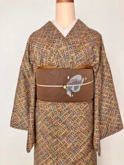 民芸調 幾何柄の紬 ブラウン×マルチカラー レトロモダン［K089］