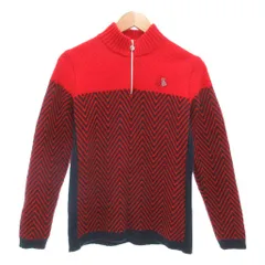 ブラック&ホワイト BLACK&WHITE SPORT ニット セーター 長袖 ハーフジップ  総柄 ワンポイント M 赤 レッド 紺 ネイビー /KE