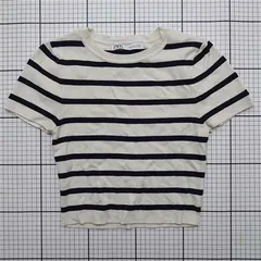 ◇ ⊂ 【ザラ ZARA】ボーダー半袖ニット Mサイズ ホワイト系 ブラック系 レディース E  【1509190046212】