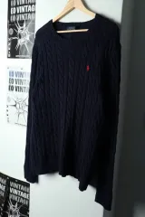 (L-XL) ポロ ラルフローレン ニット ネイビー ケーブル編み ケーブル編み レッドポニー-1686A