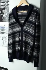 (M-L) ブランドヴィンテージ ニット カーディガン ノルディック ネイビー ウール-1686F