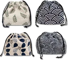 All Trust ランチバッグ 弁当箱 袋 お弁当 巾着 和柄 巾着袋 弁当入れ 4点セット (ホワイト)