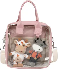 Ametilo 痛バッグ ショルダー 3WAY 見せバッグ 斜めがけ 小さめ 透明窓 クリア ぬいポーチ クリアポーチ レディース 軽量 ビニール くすみカラー 推し活グッズ オタ活 (ピンク)