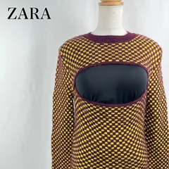 ZARA　ザラ　 L　紫　パープル　黄色　イエロー　ブロックチェック　クルーネック　セーター　フロントオープン長袖ニット 4168