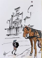 原画#105 黒猫 鳥 雨 パリ フランス 水彩画 ドローイング インテリア