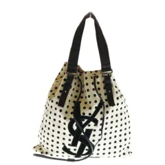 YVES SAINT LAURENT (イヴサンローラン) カハラ ドット総柄 カサンドラロゴ刺繍 ベロア キャンバス レザー トートバッグ ホワイト/ブラック