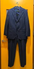 【H2-55】◇ THE SUIT COMPANY　170cm-6Dropサイズ　パンツスーツ　紺色　ストライプ柄